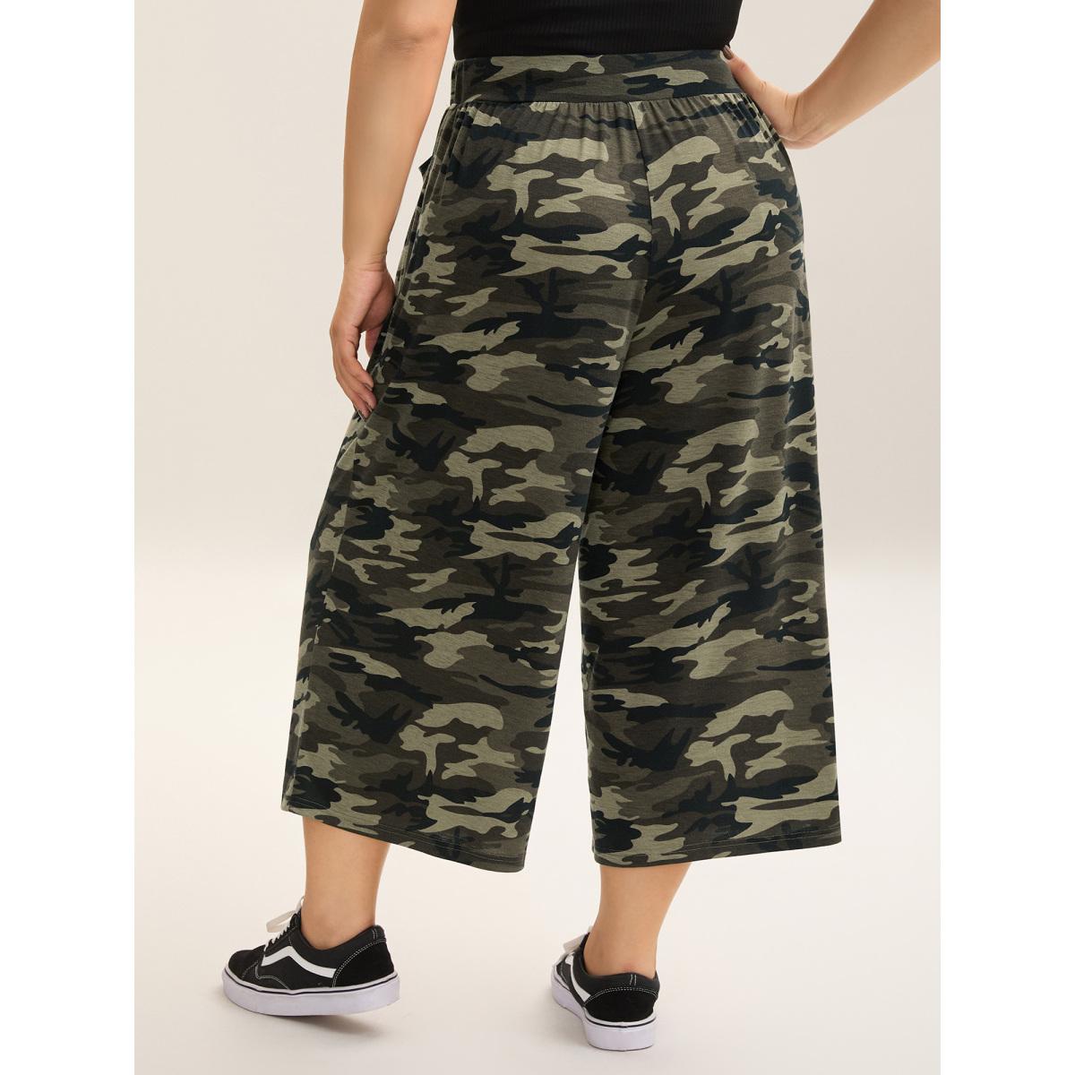 Plus Size Camouflage Print Tie-Waist Wide-Leg Pants Women ArmyGreen Casual Wide Leg Mid Rise Everyday-Casual Pants BloomChic 18-20/2X Product Image