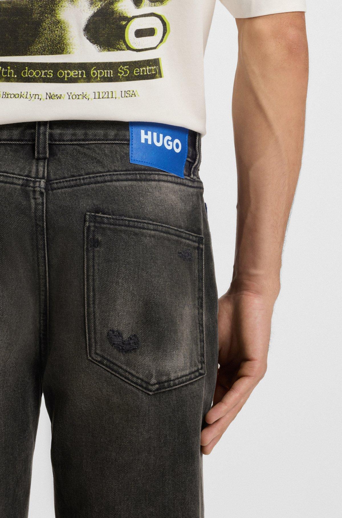 HUGO - Regular-fit jeans in distressed Candiani denim - Dark Grey Product Image