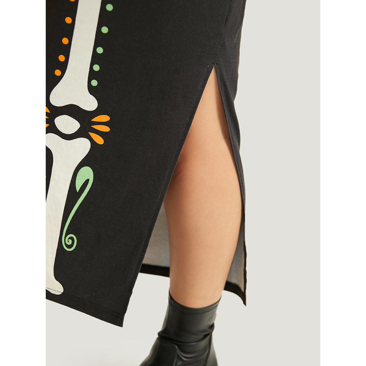 Plus Size Halloween Skull Print Round Neck Split Hem Dress Black Women Casual Printed Round Neck Long Sleeve Curvy Midi Dress BloomChic 14-16/1X Product Image