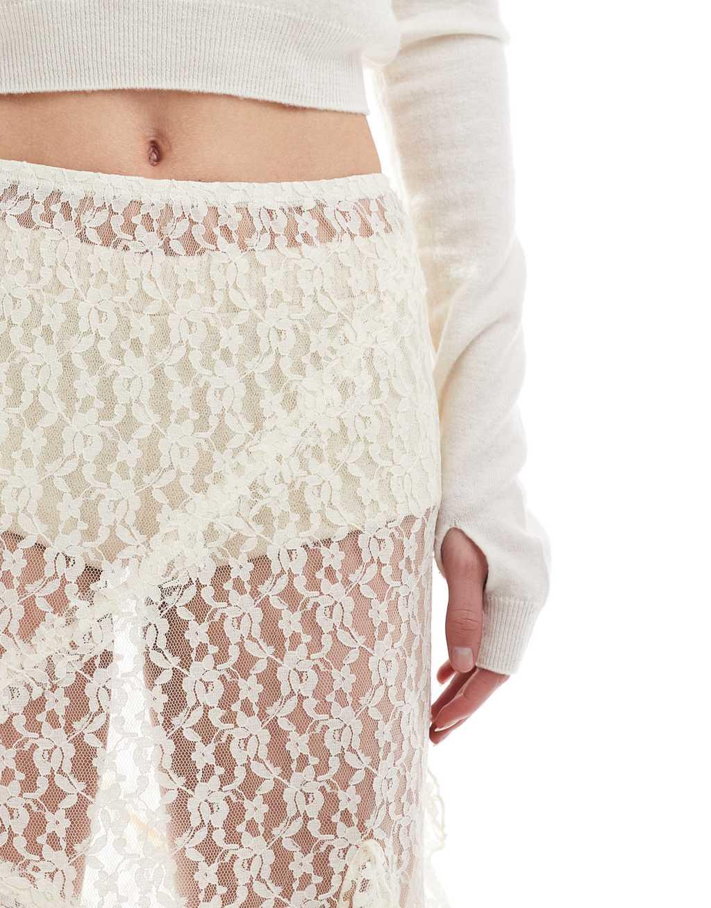 ASOS DESIGN Tall lace ruffle maxi skirt in cream Product Image