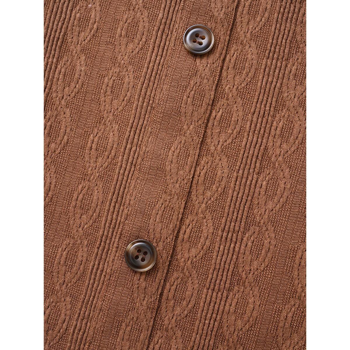 Plus Size Plain Textured Button Detail Midi Dress Yellowishbrown Women Casual Texture V-neck Elbow-length sleeve Curvy BloomChic 30/6X Product Image