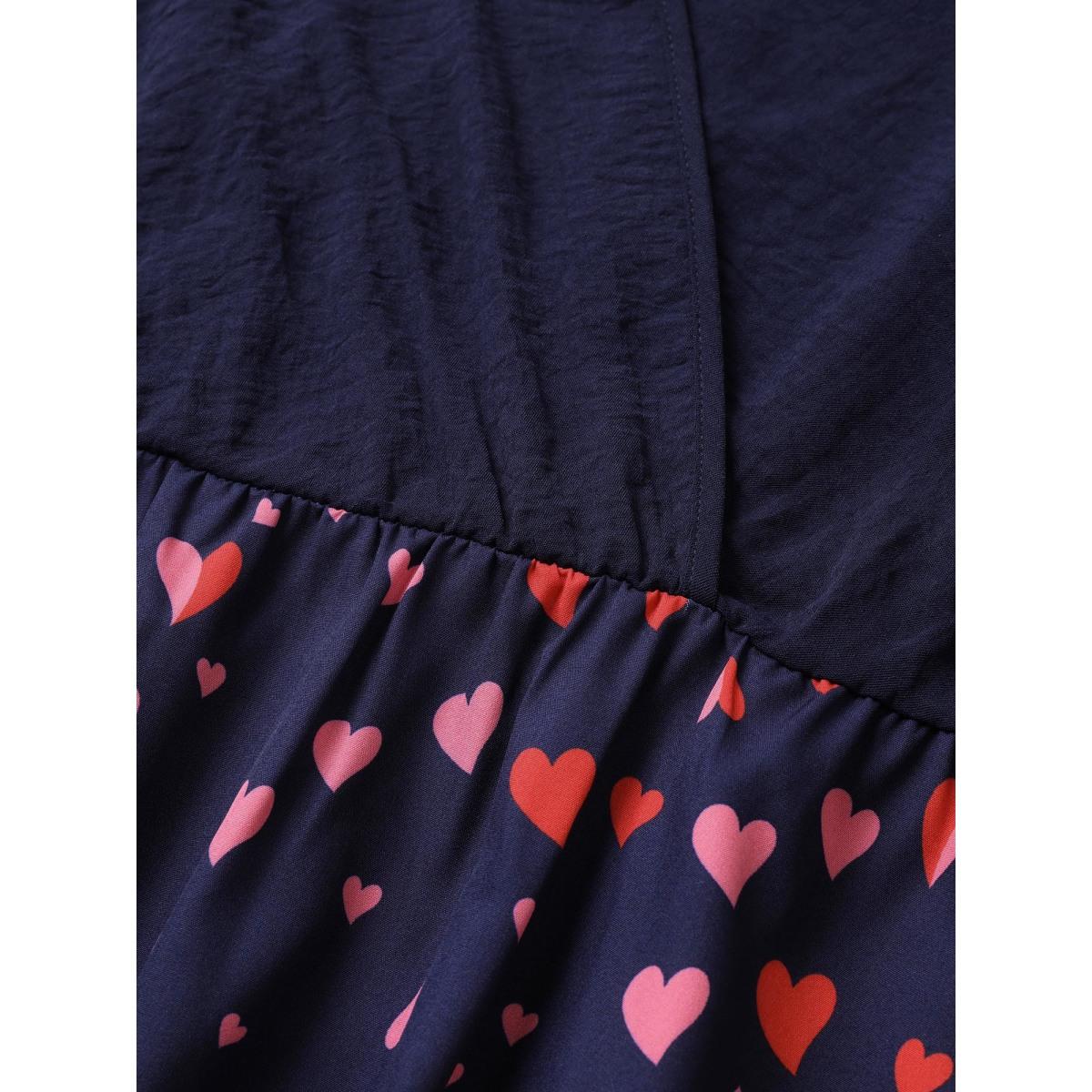 Plus Size Heart Print Patchwork Belted Wrap Dress DarkBlue Women Elegant Wrap Overlap Collar Half Sleeve Curvy Midi Dress BloomChic 30/6X Product Image