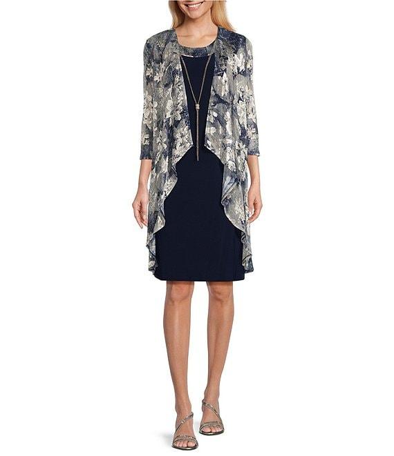 R & M Richards 3/4 Sleeve Crew Neck Crinkle Foil 2-Piece Jacket Dress Product Image