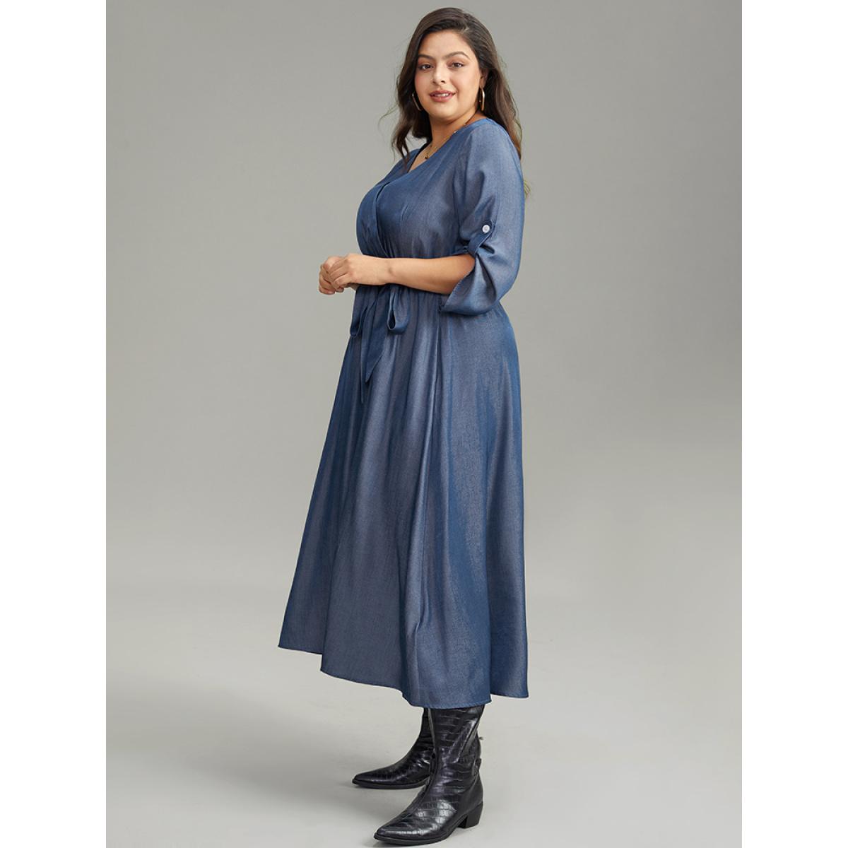 Plus Size Plain Button Detail Wrap Belted Tab Sleeve Dress Indigo Women Casual Plain V-neck Long Sleeve Curvy Midi Dress BloomChic 22-24/3X Product Image