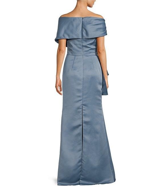 Terani Couture Satin Off The Shoulder Neck Short Sleeve Front Rhinestone Drape Gown Product Image