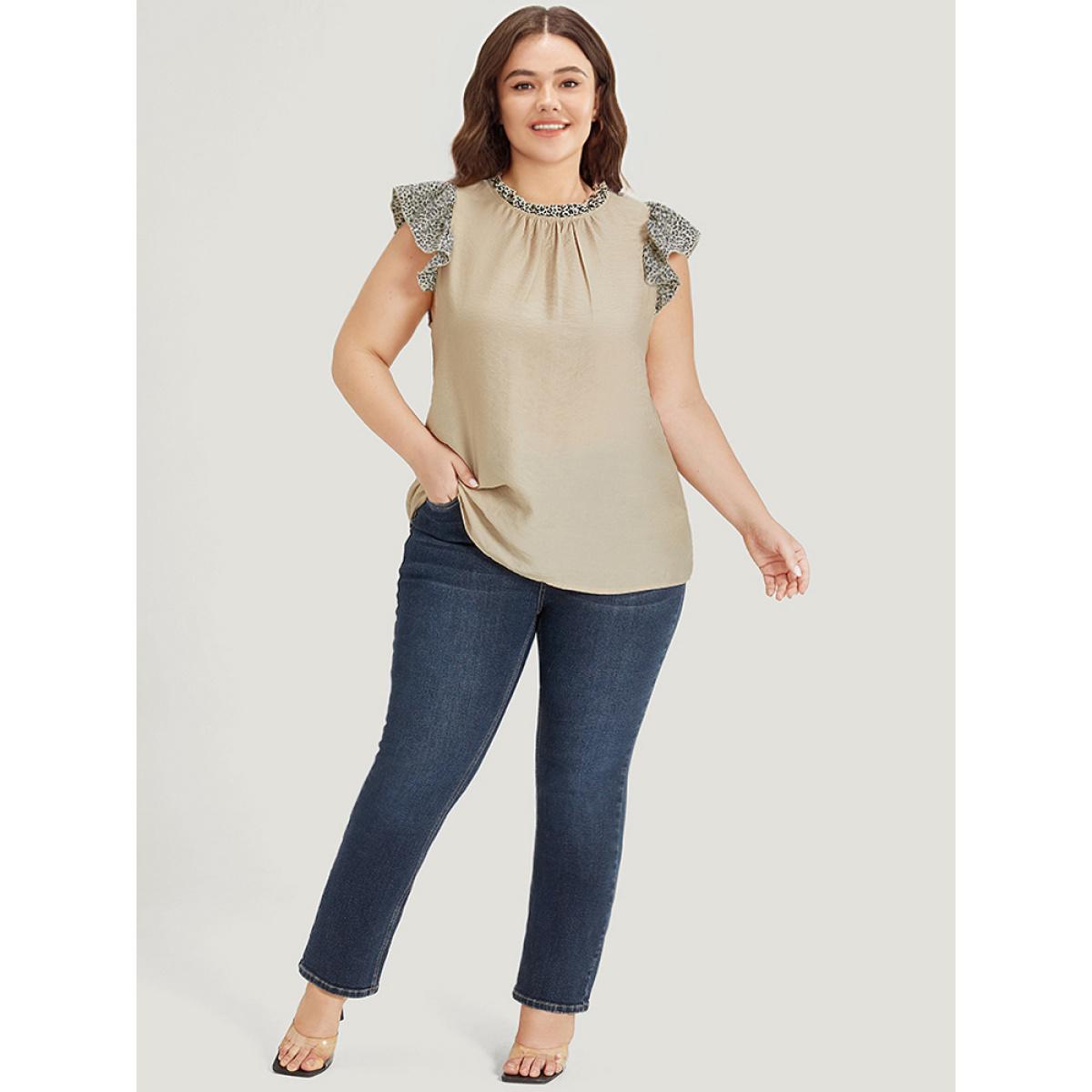 Plus Size Apricot Leopard Patchwork Halter Frill Trim Flutter Sleeve Blouse Women Elegant Cap Sleeve Halter neck Dailywear Blouses BloomChic 14-16/1X Product Image