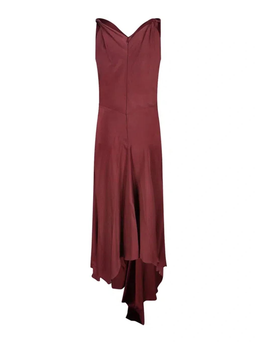VICTORIA BECKHAM Asymmetric Draped Sleeveless Satin Midi Dress In Burgundy Product Image