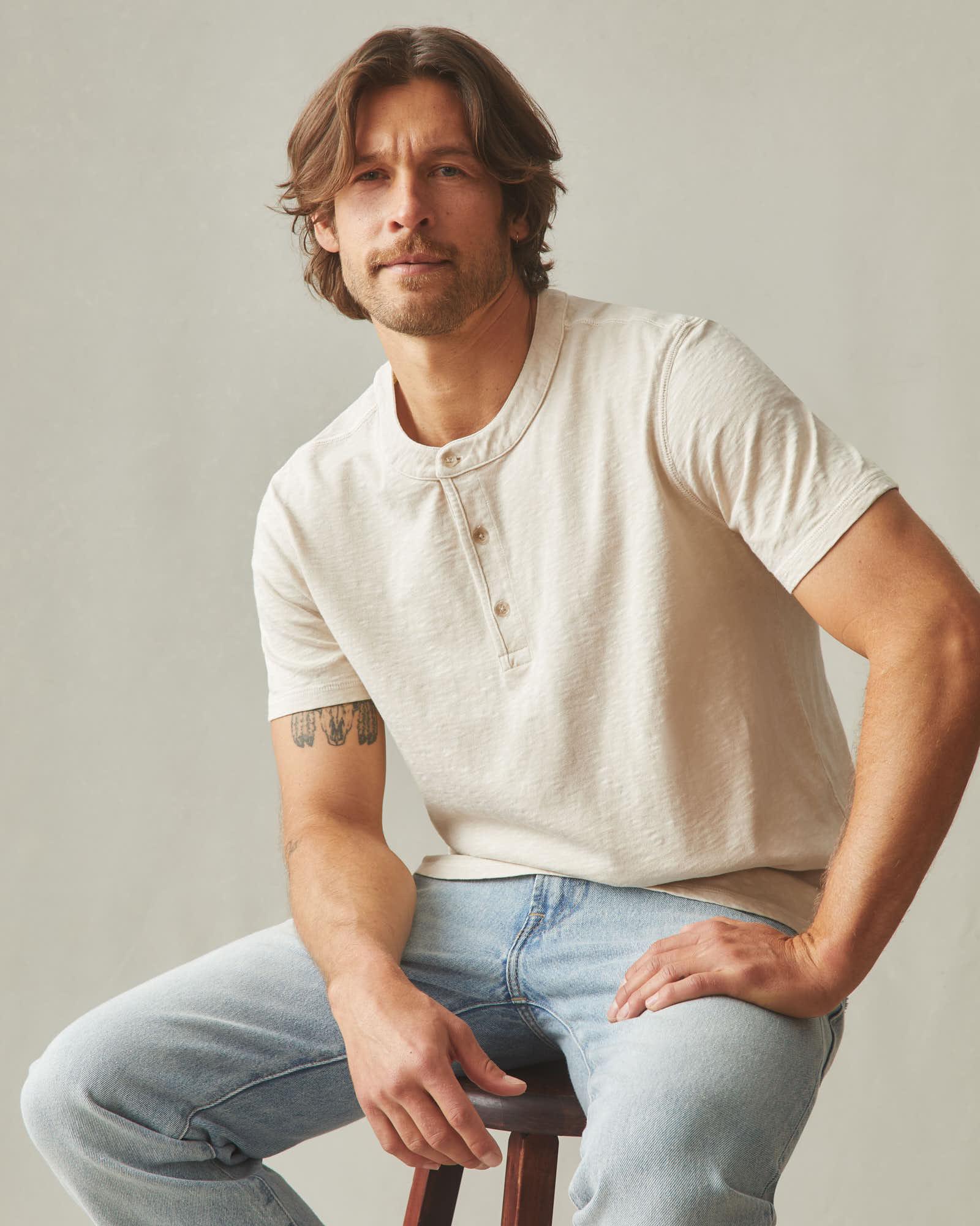 Men's Broken-In Premium Slub Henley Tee - Washed Creme Brulee Product Image