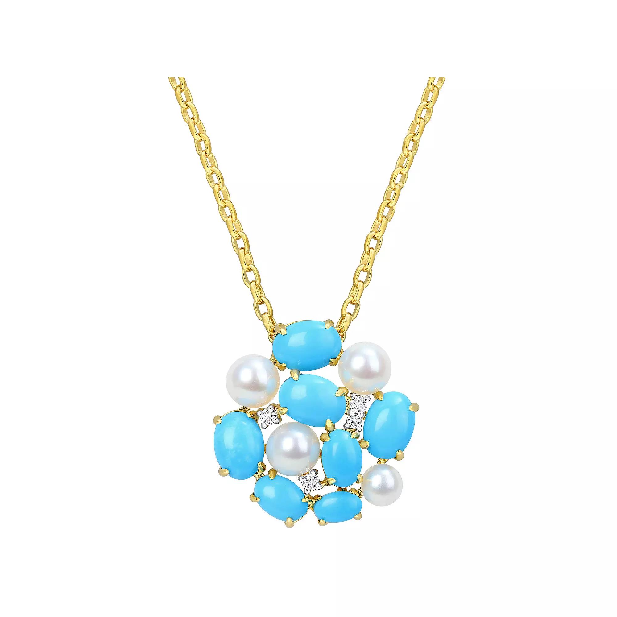 Stella Grace 18k Gold Over Silver Freshwater Cultured Pearl, Lab-Created Turquoise & Lab-Created White Sapphire Pendant Necklace, Women's,  Product Image