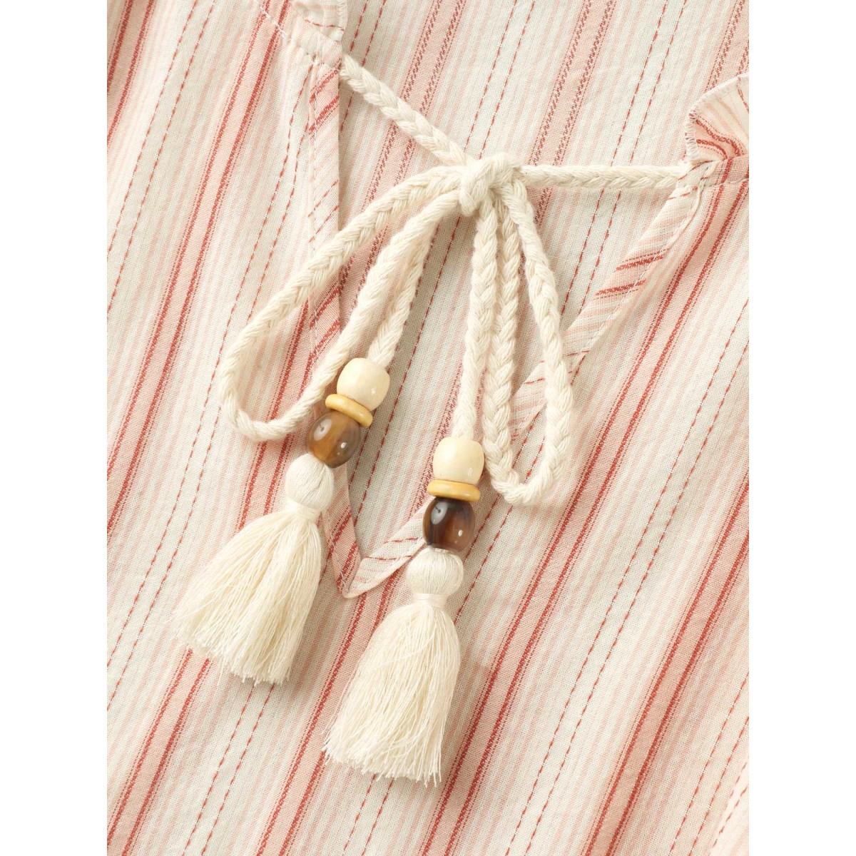 Plus Size Salmon Cotton Stripes Print Neck Tassels Flowy Blouse Women Short sleeve Notched collar Vacation Blouses BloomChic 22-24/3X Product Image