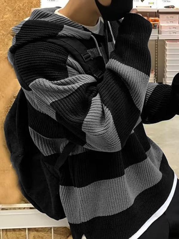 Men's Buttoned Striped Hooded Sweater Product Image