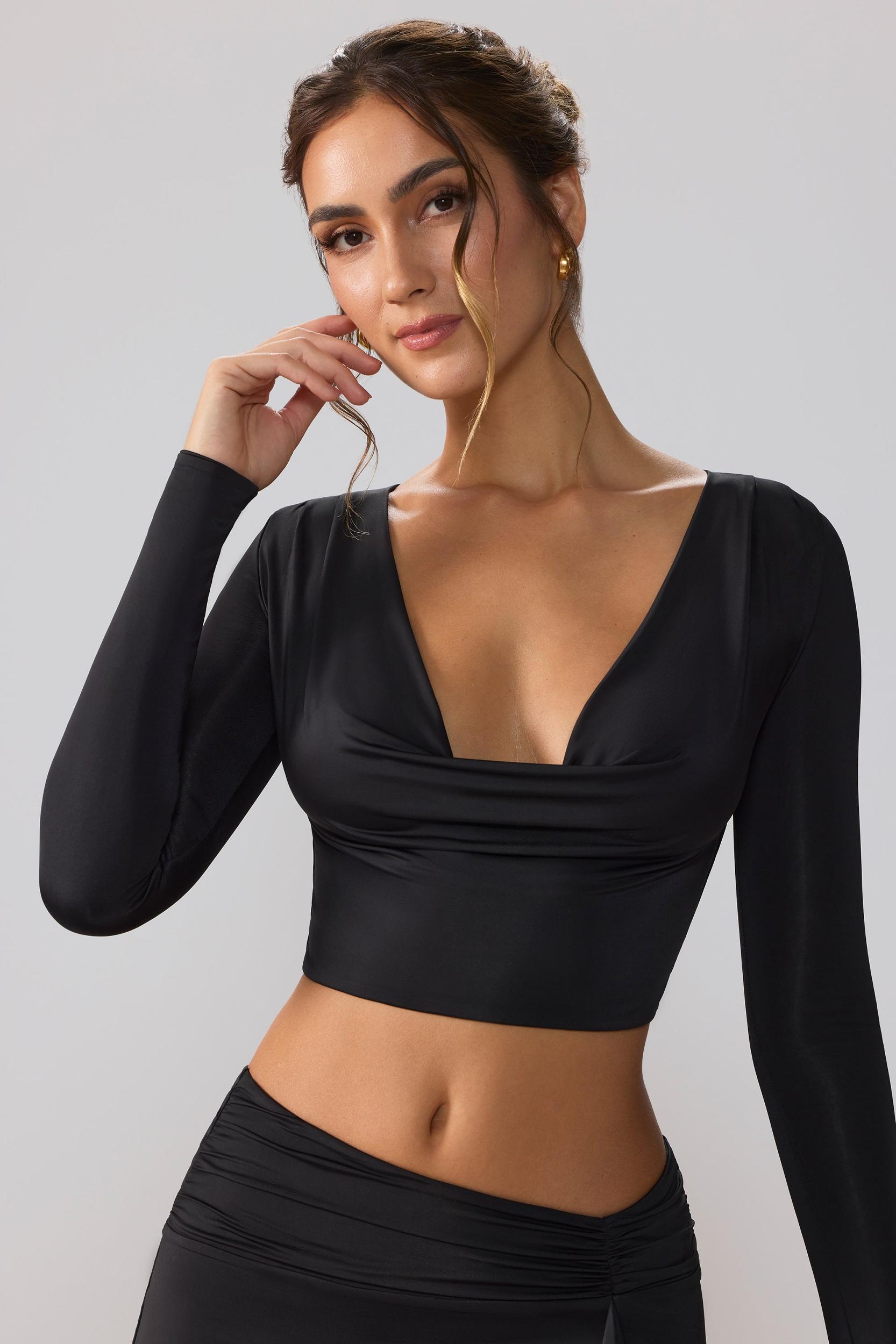 Slinky Jersey Plunge Neck Long Sleeve Crop Top Top in Black Product Image
