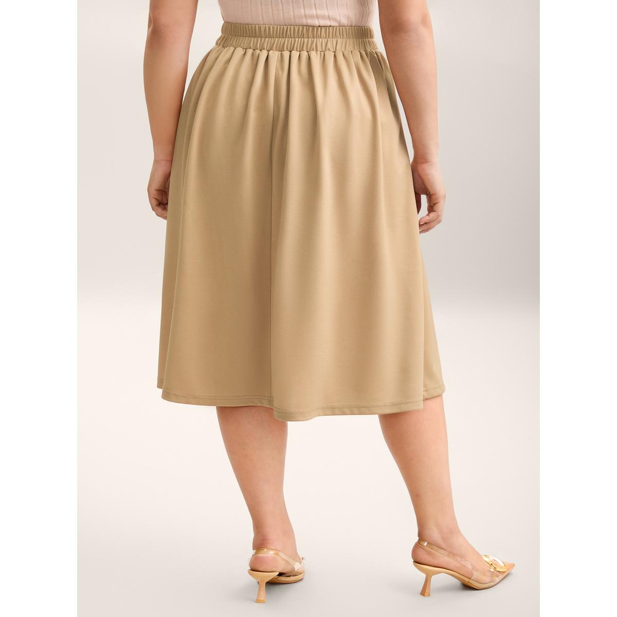 Plus Size Plain Stretchy Waist Pleated Midi Skirt Women Champagne At the Office Pleated Medium stretch Side seam pocket Work Skirts BloomChic 12/L Product Image
