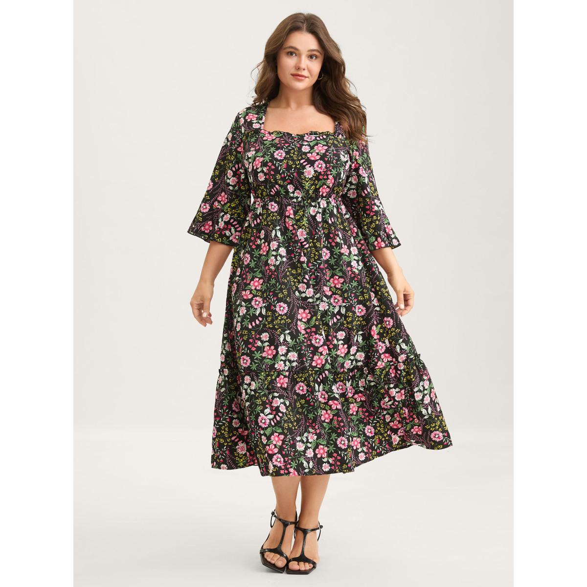 Plus Size Floral Ruffled Square Neck Midi Dress Black Women Romantic Ruffles Square Neck Elbow-length sleeve Curvy BloomChic 10/M Product Image