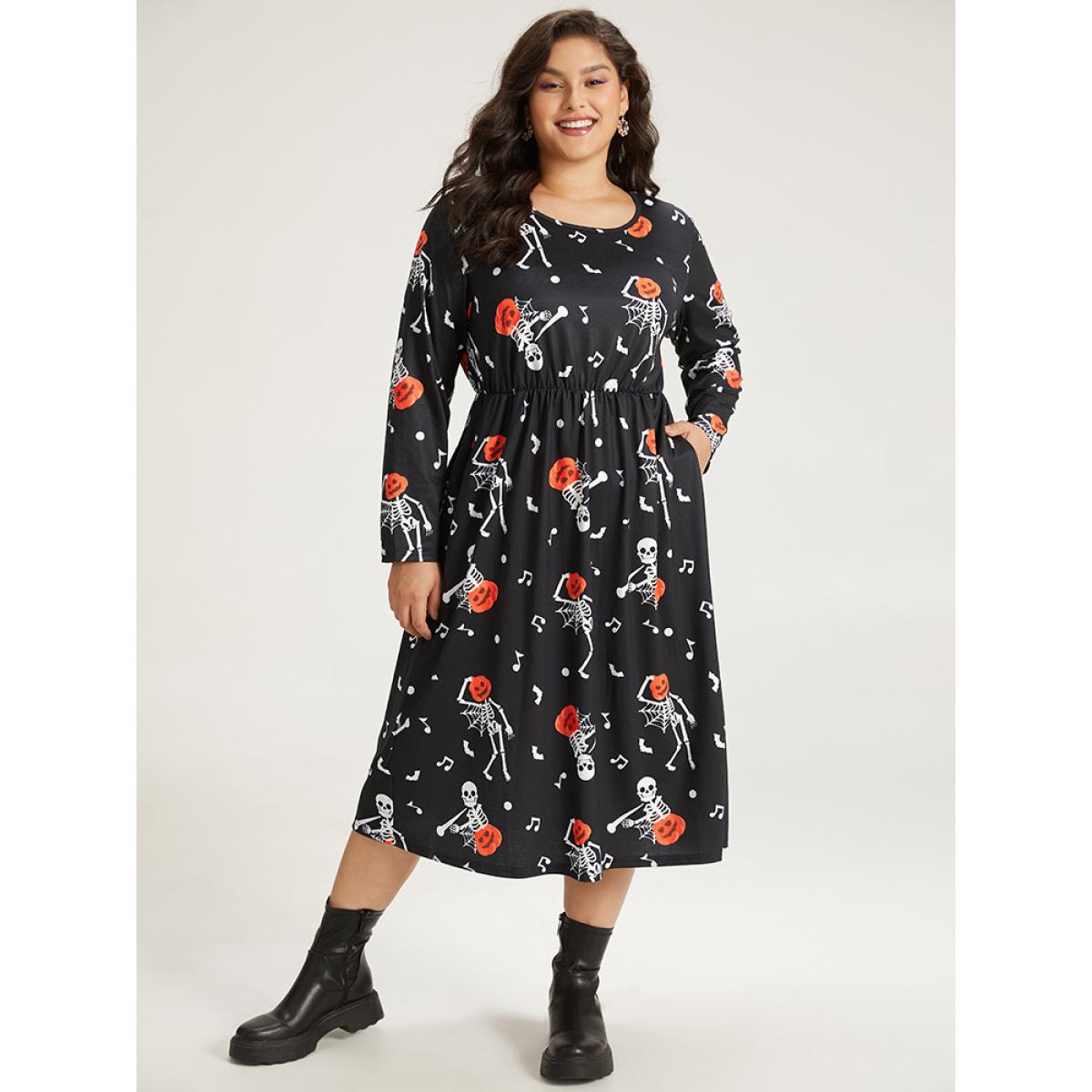 Plus Size Halloween Print Pocket Crew Neck Elastic Waist Dress Black Women Casual Printed Round Neck Long Sleeve Curvy Midi Dress BloomChic 12/L Product Image