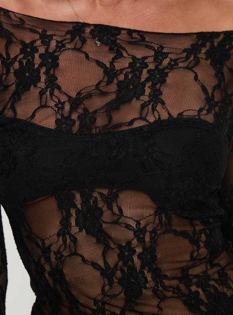 Junah Sheer Lace Long Sleeve Top Black Product Image