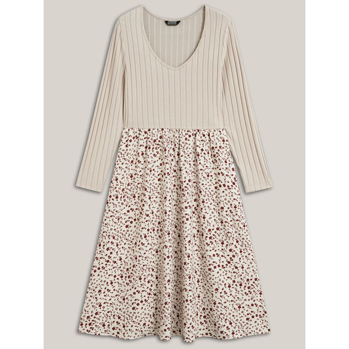 Plus Size Ditsy Floral Patchwork Texture Midi Dress Apricot Women Timeless Texture V-neck Long Sleeve Curvy BloomChic 12/L Product Image