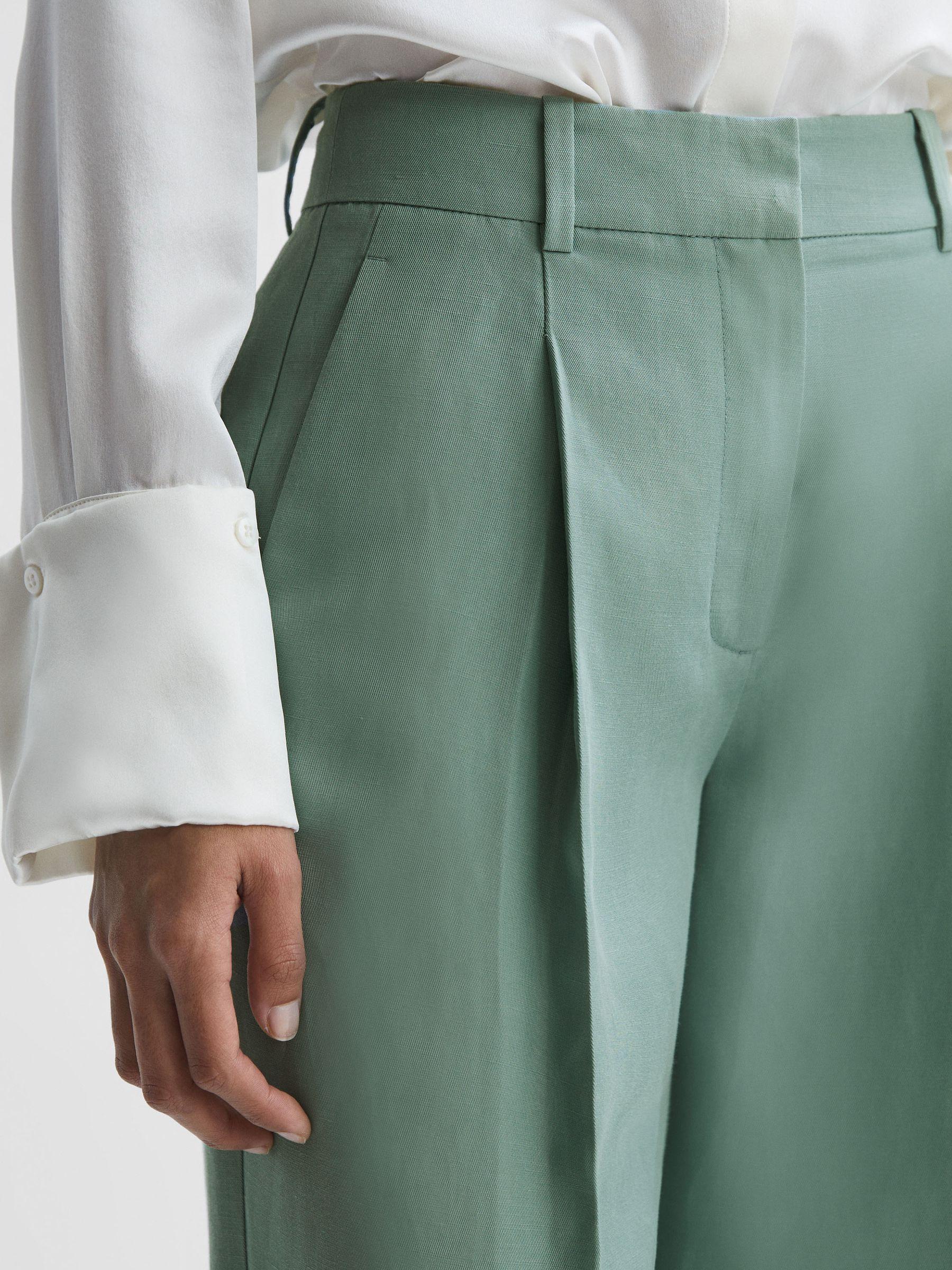 Linen Blend Wide Leg Trousers in Teal Product Image