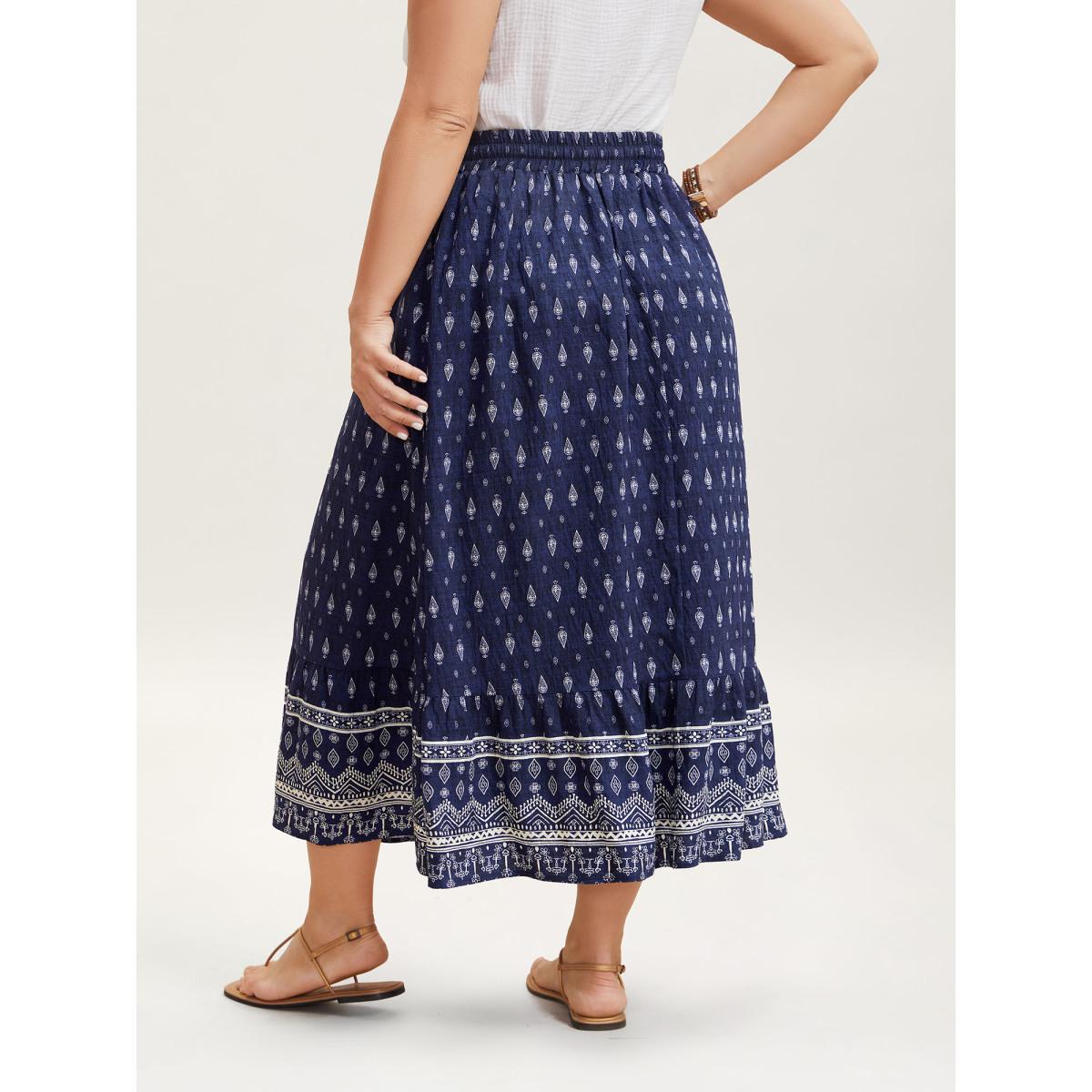 Plus Size Boho Print Pleated Drawstring Midi Skirt Women Indigo Resort Drawstring No stretch Slanted pocket Vacation Skirts BloomChic 18-20/2X Product Image