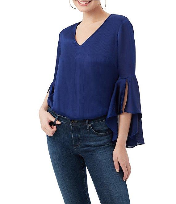 Trina Turk Yuki Crinkle Georgette V-Neck 3/4 Bell Sleeve Blouse Product Image