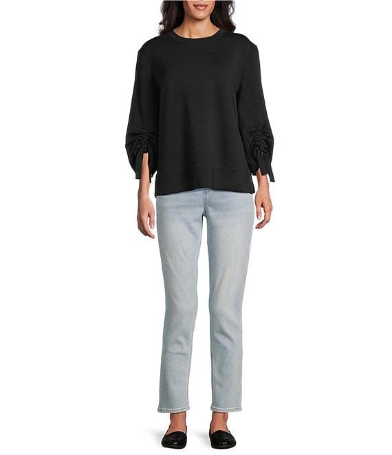 Westbound Petite Size Printed Ruched Sleeve Crew Neck Top Product Image