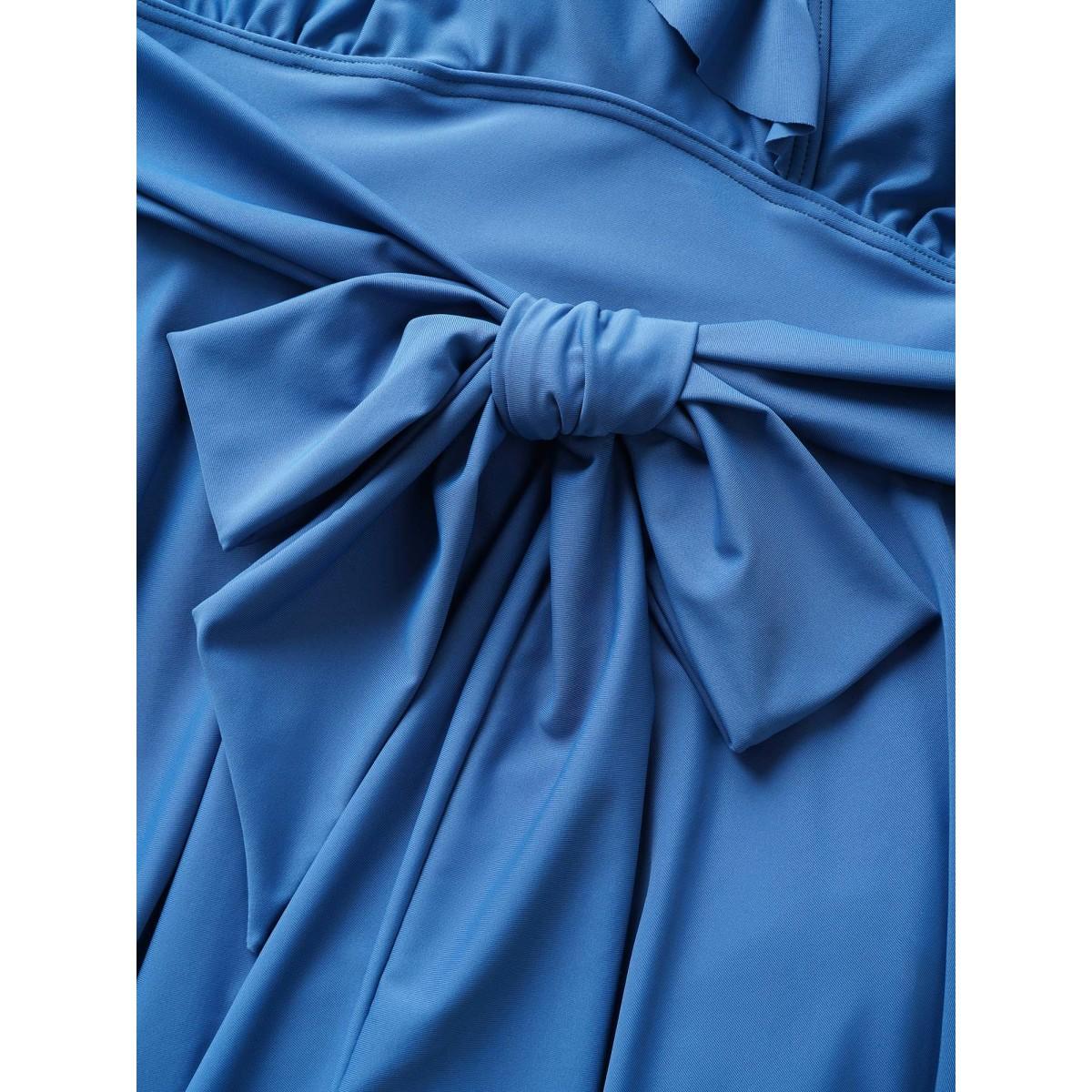 Plus Size Solid Ruffle Trim Tie Knot Swim Dress Women's Swimwear Cerulean Beach Bodycon V-neck High stretch Curve Swim Dresses BloomChic 30/6X Product Image