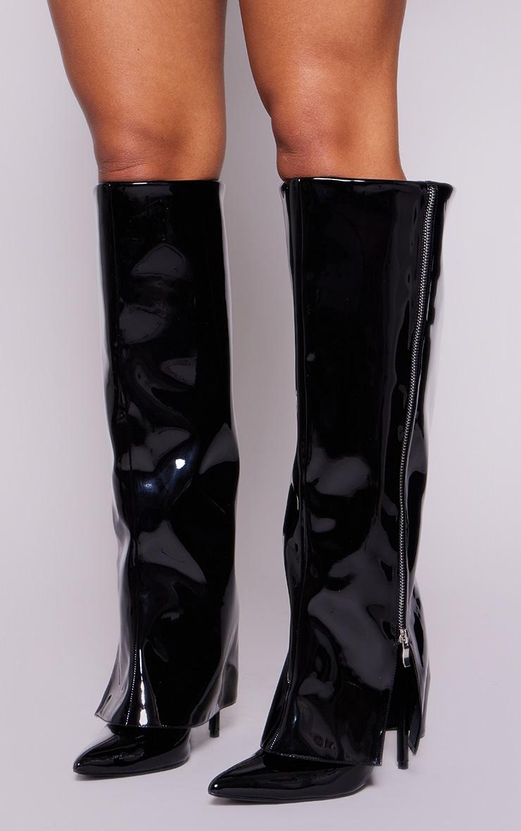 Black PU Point Toe Fold Over Stiletto Heel Knee High Boots Product Image