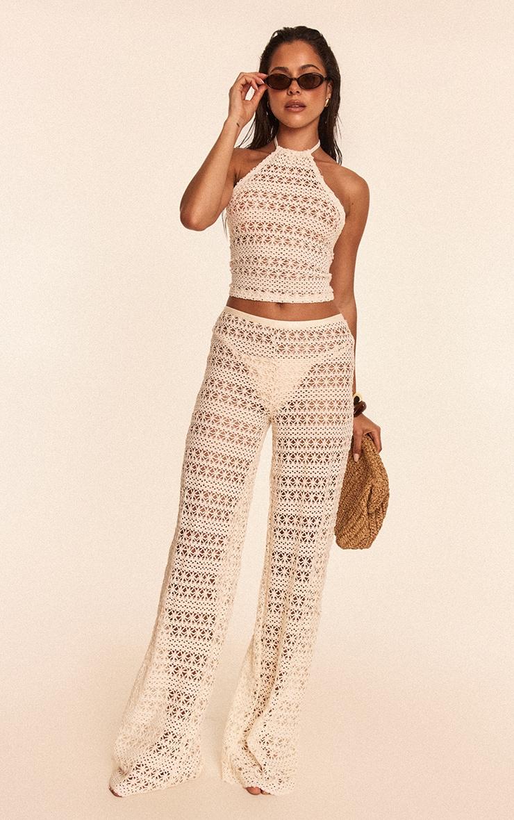 Cream Crochet Wide Leg Pant Beach Set Product Image