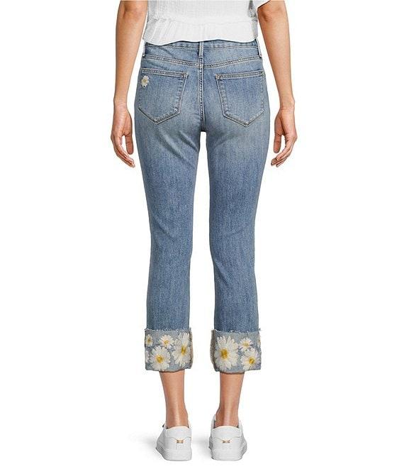 Driftwood Colette Stretch Denim Embroidered Daisy Cuffed Cropped Straight Leg Jeans Product Image