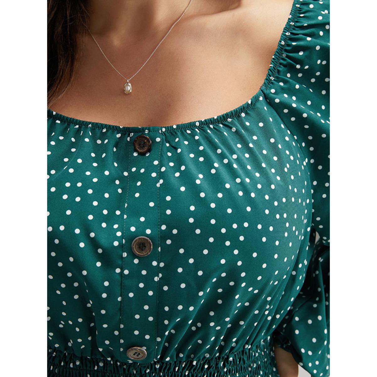 Plus Size Polka Dot Square Neck Shirred Button Detail Dress Teal Women Elegant Elastic cuffs Square Neck Long Sleeve Curvy Midi Dress BloomChic 30/6X Product Image