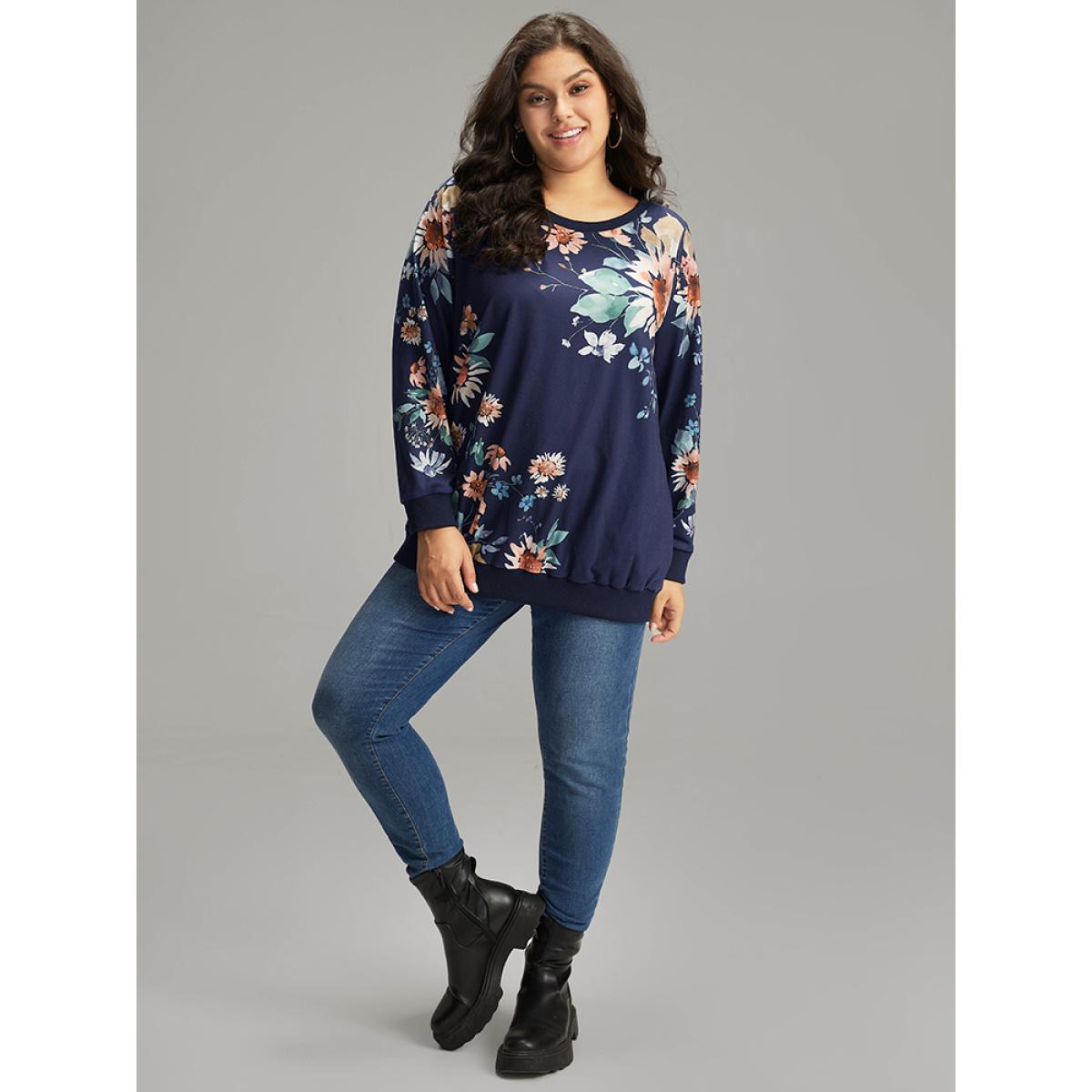 Plus Size Floral Print Round Neck Sweatshirt Women Indigo Casual Elastic cuffs Round Neck Dailywear Sweatshirts BloomChic 28/5X Product Image