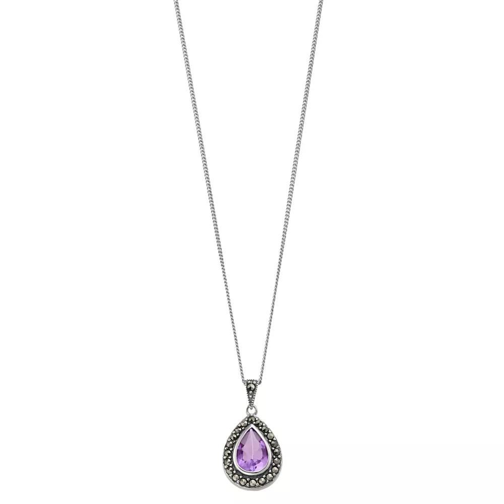 Tori Hill Sterling Silver Amethyst & Marcasite Teardrop Pendant Necklace, Women's, Size: 18" Product Image