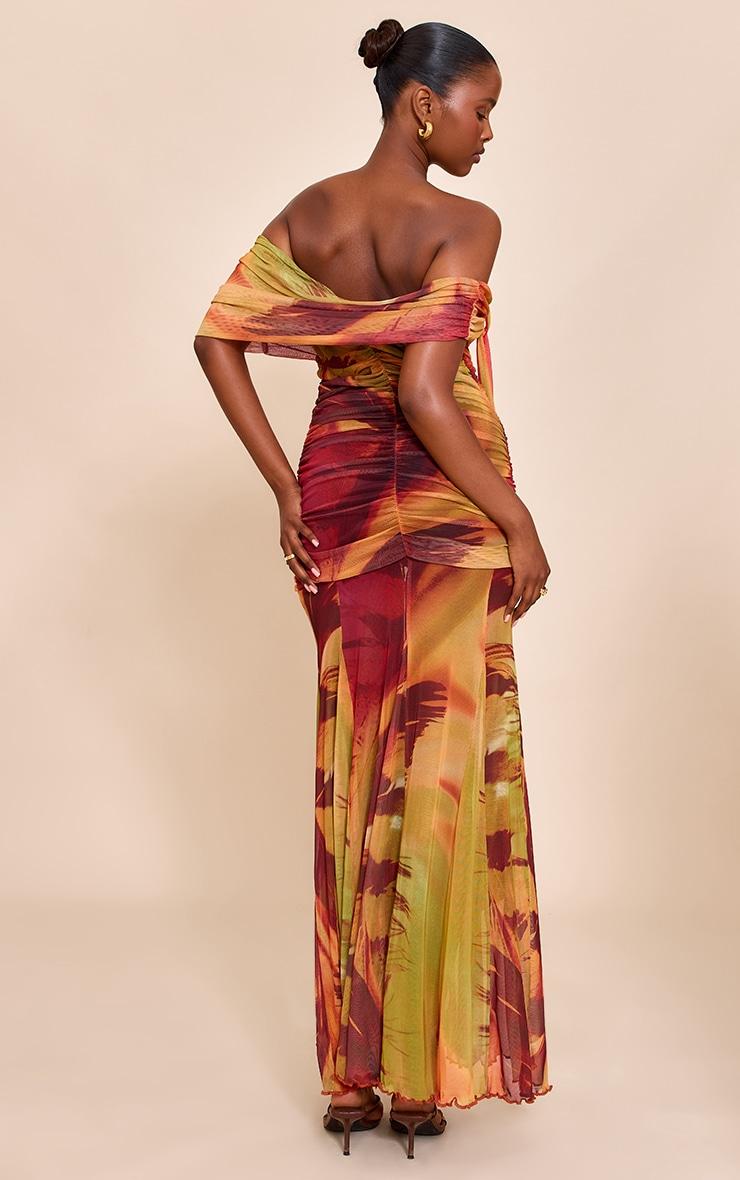 Burnt Orange Abstract Print Lined Mesh Bardot Maxi Dress Product Image