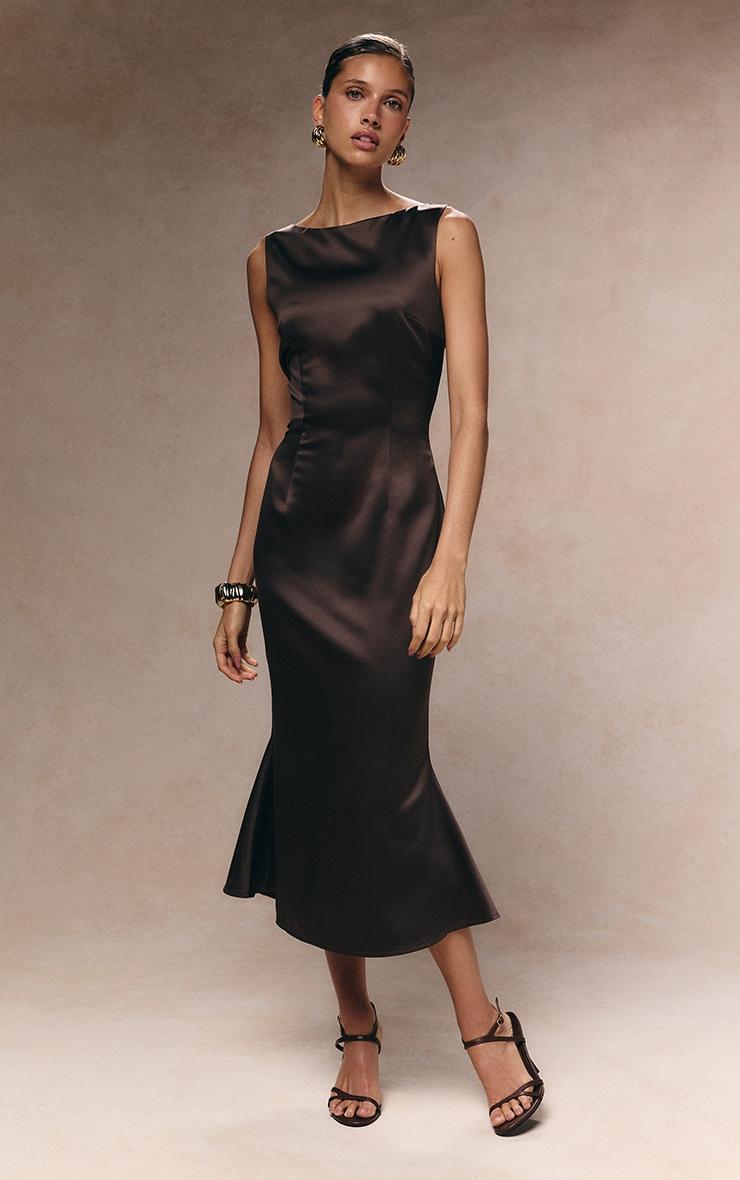 Dark Taupe Satin Boat Neck Fishtail Midaxi Dress Product Image
