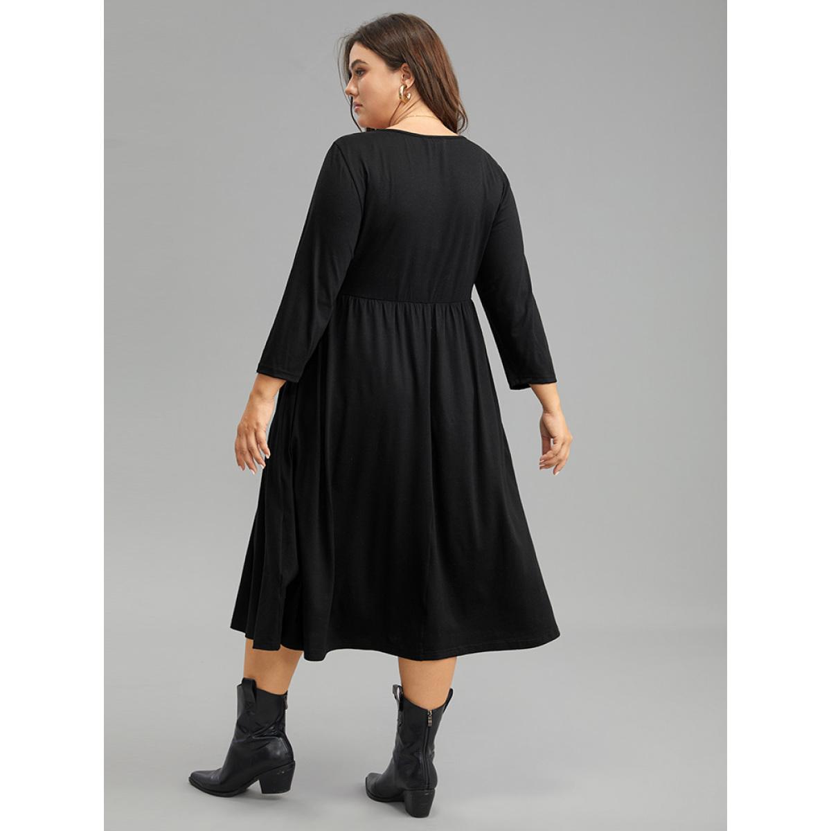 Plus Size Supersoft Essentials Square Neck Ruched Dress Black Women Casual Gathered Square Neck Elbow-length sleeve Curvy Midi Dress BloomChic 12/L Product Image