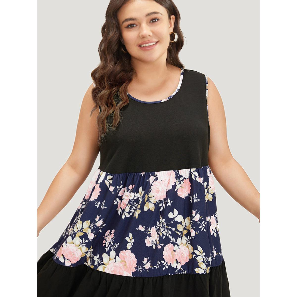 Plus Size Supersoft Essentials Floral Print Patchwork Pocket Tank Dress Black Women Casual Plain Round Neck Sleeveless Curvy Midi Dress BloomChic 26/4X Product Image