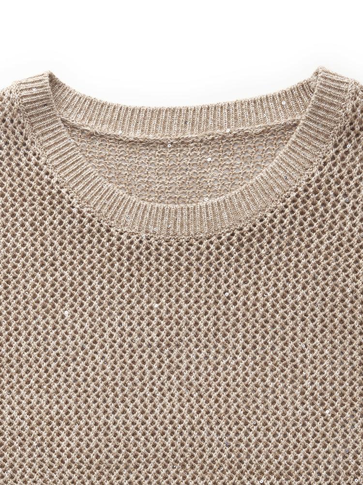 Linen Sequin-Embellished Women Open-Knit Tank Top Product Image