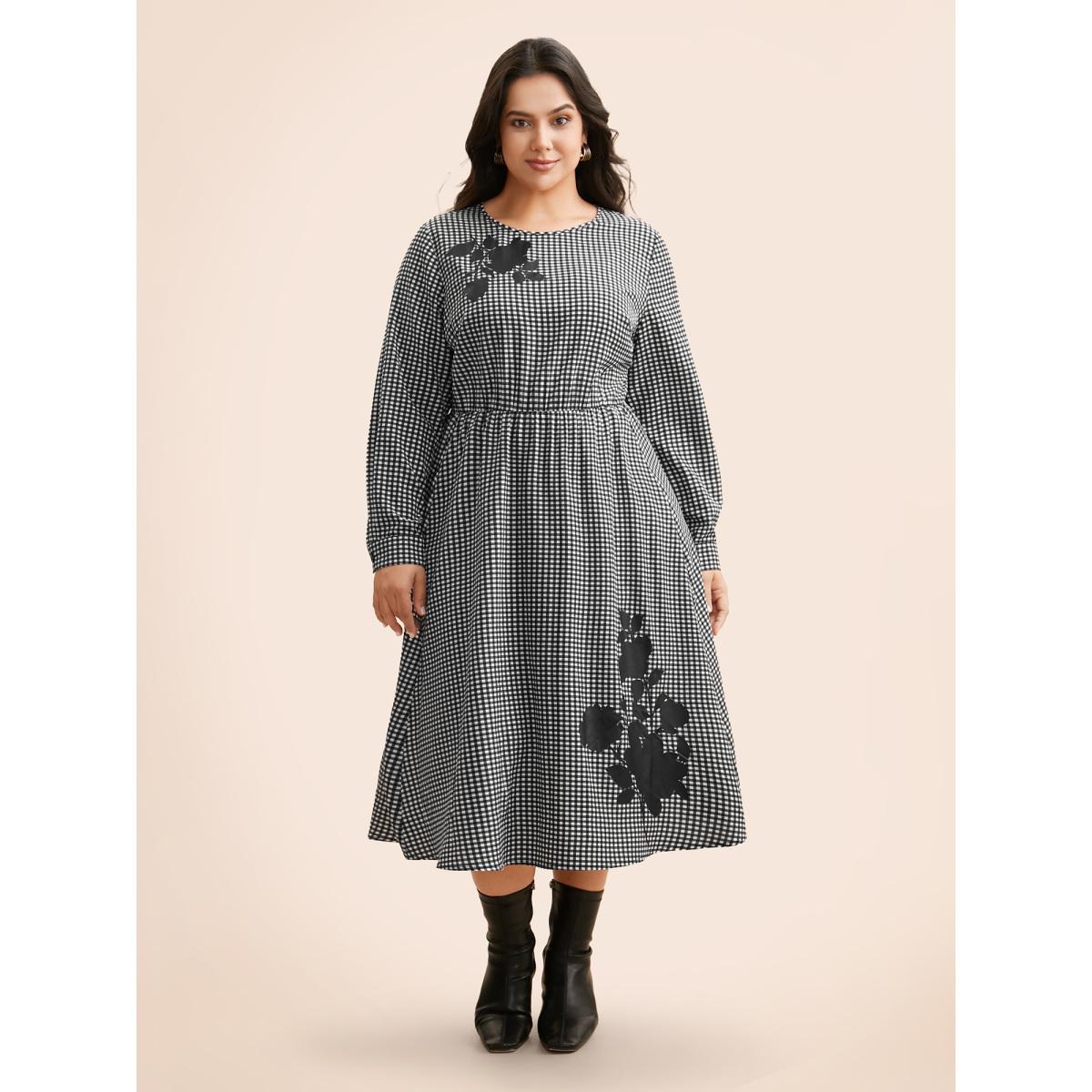 Plus Size Gingham Silhouette Floral Print Midi Dress Black Women Elegant Non Round Neck Long Sleeve Curvy BloomChic 12/L Product Image