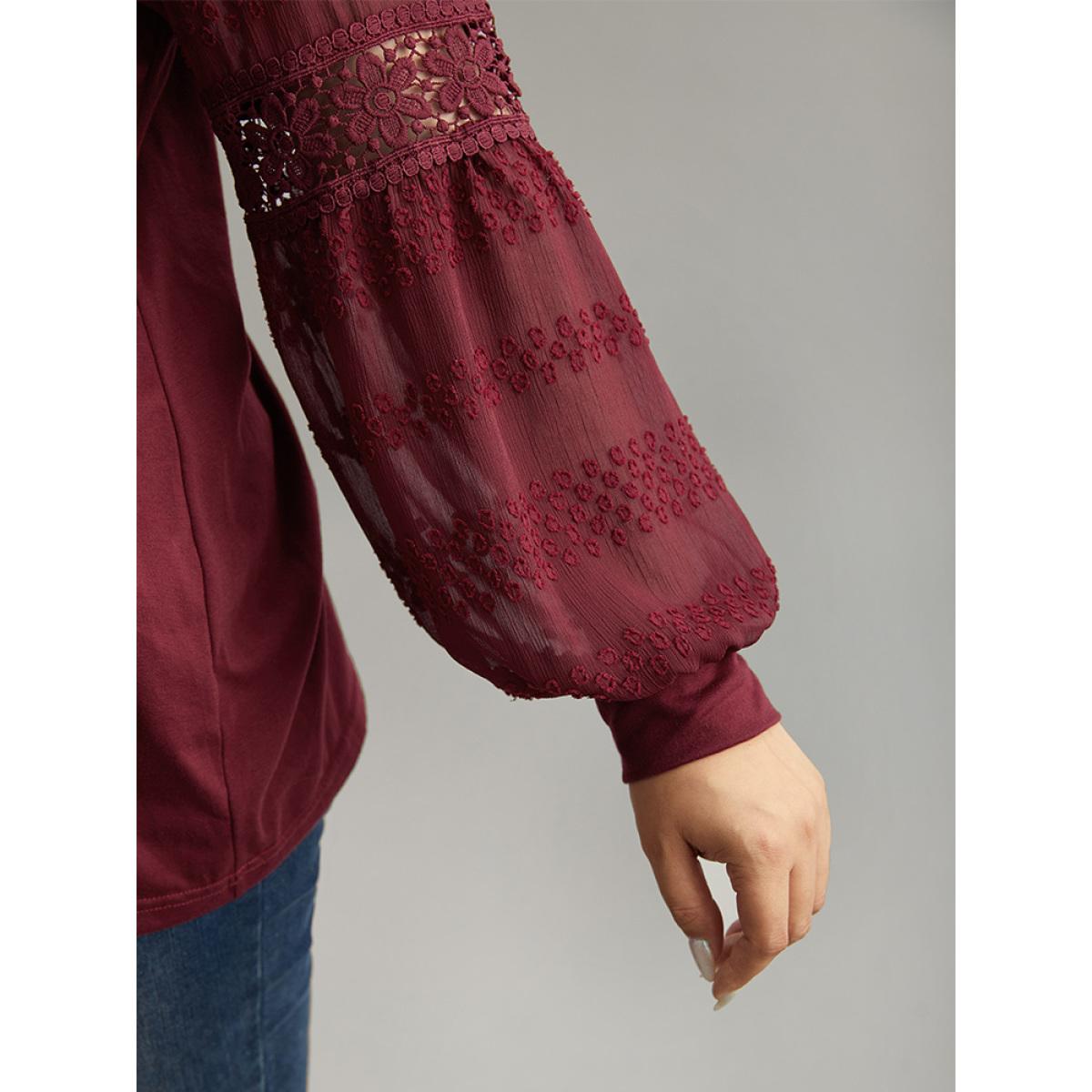 Plus Size Supersoft Essentials Solid Guipure Lace Cut Out T-shirt Burgundy Women Elegant Elastic cuffs Plain V-neck Dailywear T-shirts BloomChic 22-24/3X Product Image