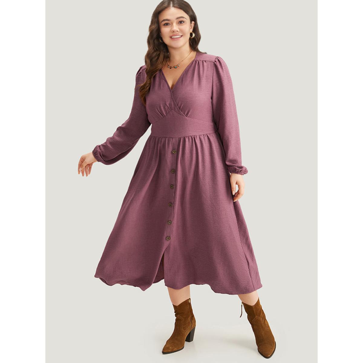 Plus Size Twill Gathered Button Detail Lantern Sleeve Dress DustyPink Women Casual Elastic cuffs V-neck Long Sleeve Curvy Midi Dress BloomChic 10/M Product Image
