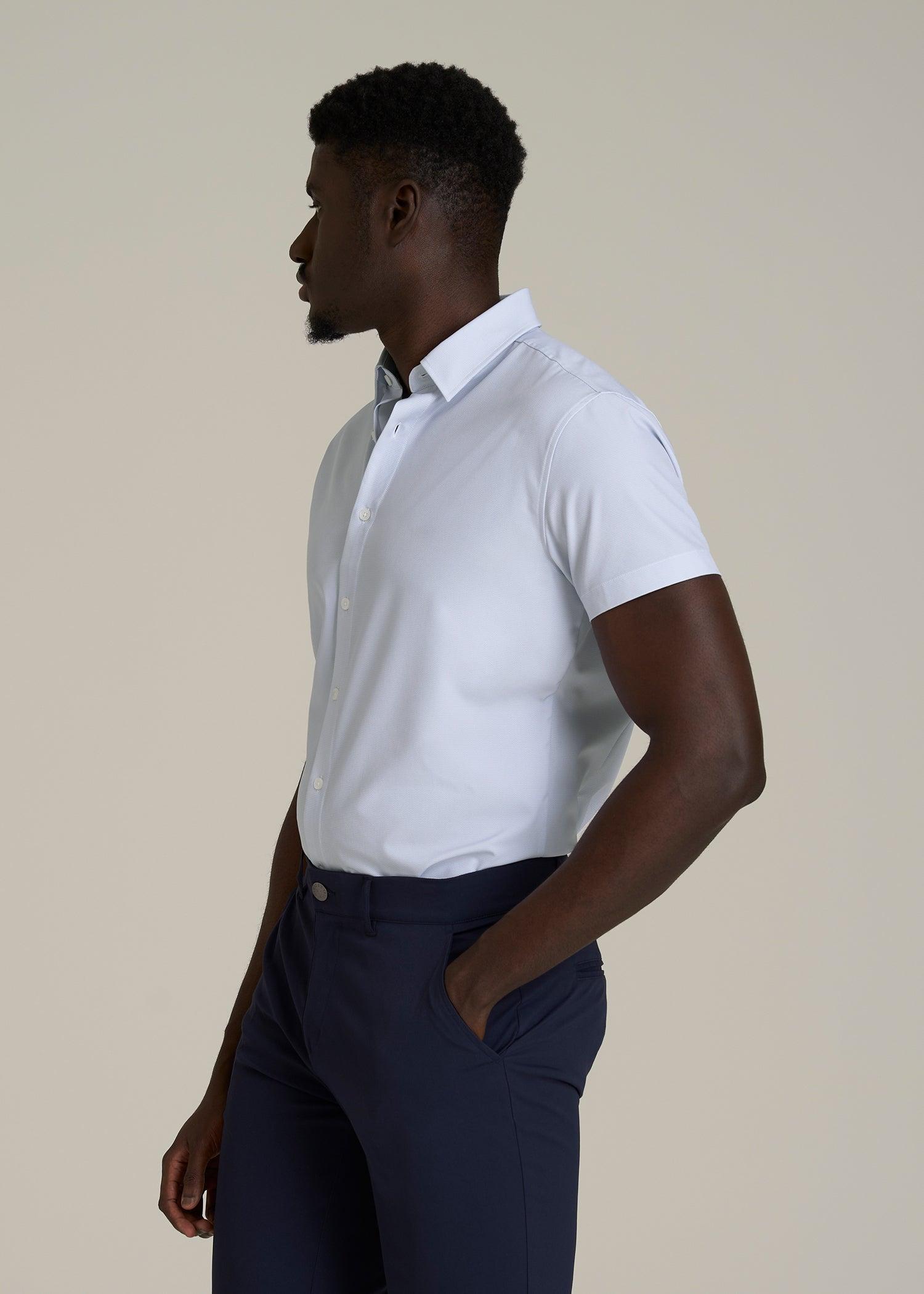 Short Sleeve Traveler Stretch Button Shirt for Tall Men in Light Grey Chevron Male Product Image