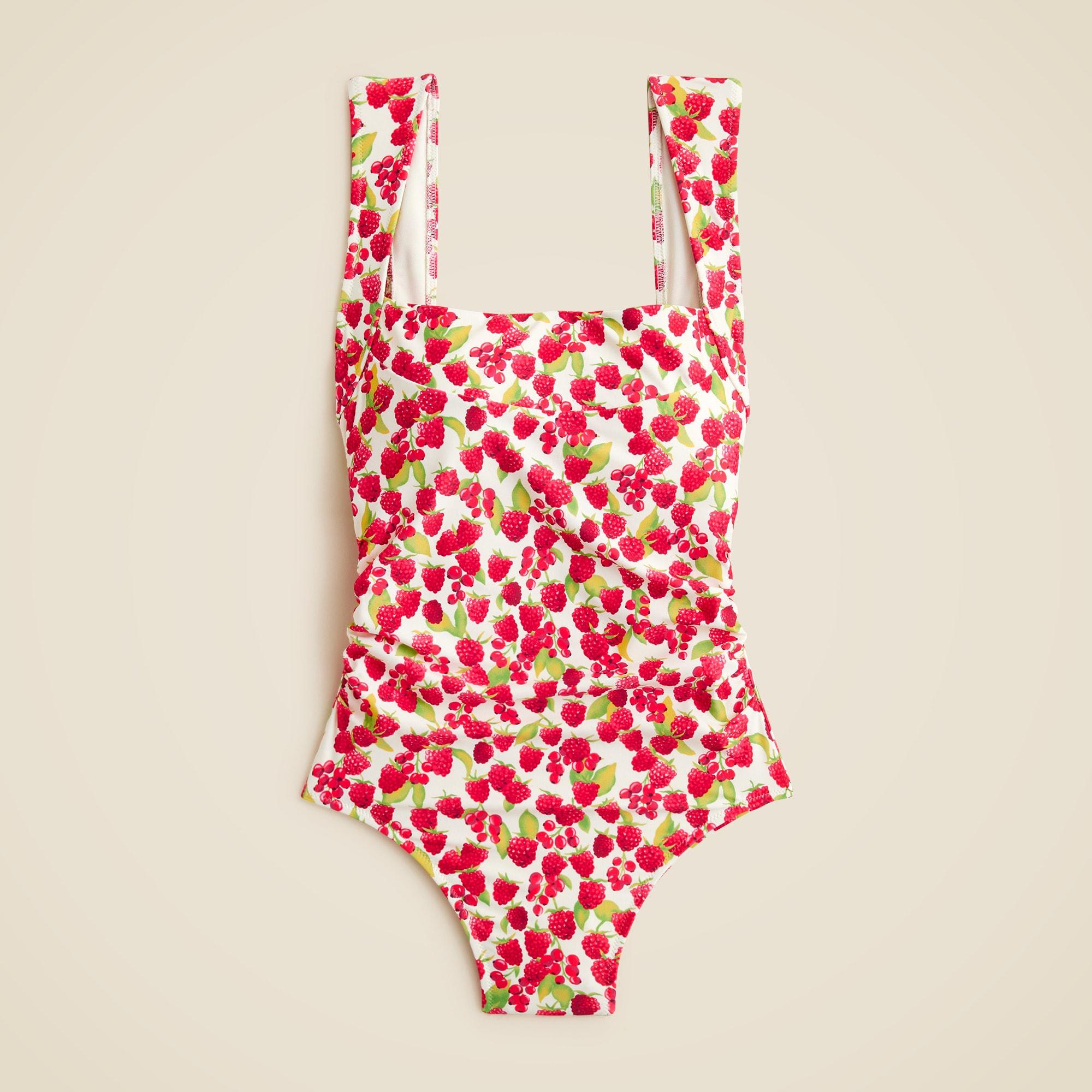 Nia ruched squareneck one-piece swimsuit in raspberry print Product Image