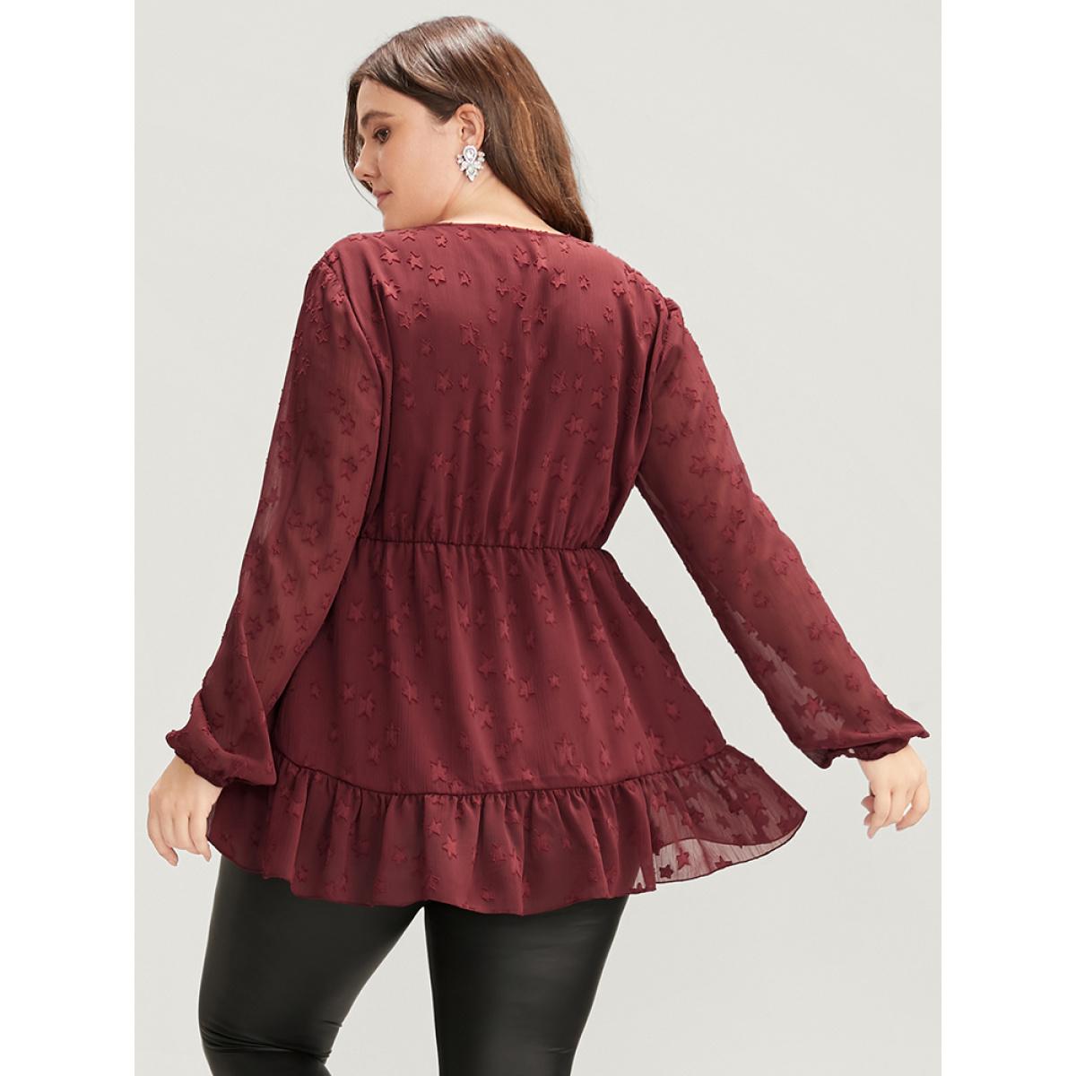 Plus Size Burgundy Star Mesh Lantern Sleeve Surplice Neck Ruffle Hem Blouse Women Glamour Long Sleeve V-neck Going out Blouses BloomChic 26/4X Product Image
