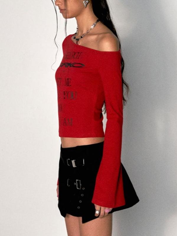 Y2K One Shoulder Letter Print Tie Up Long Sleeve Tee Product Image