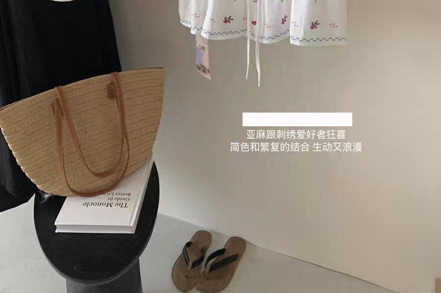 Puff-Sleeve V-Neck Floral Embroidered Bow Peplum Blouse / Elastic Waist Mini A-Line Skirt Product Image