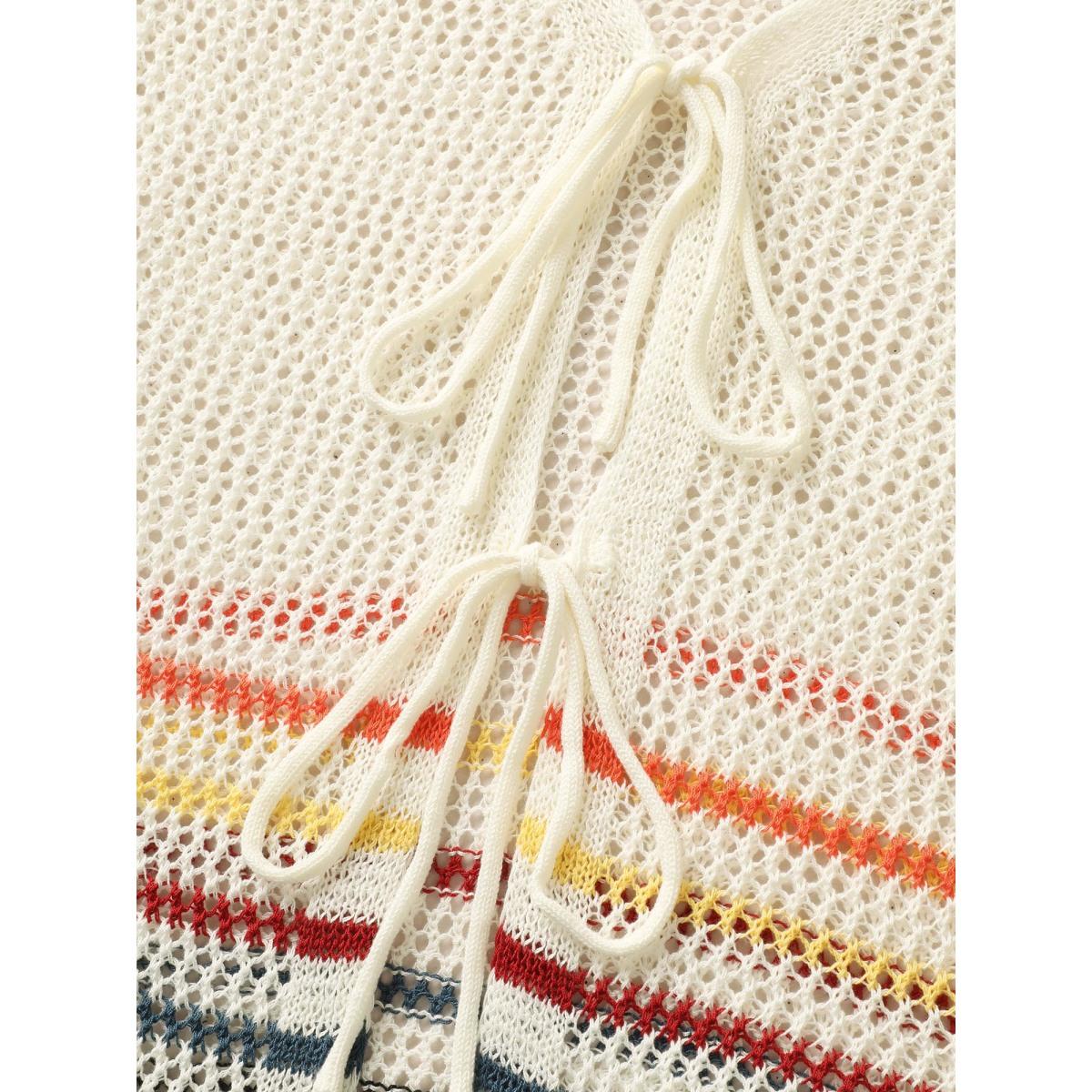 Plus Size Colored Striped Cut Out Tie Knot Coat Women Originalwhite Casual Tie knot Loose Ladies Everyday Winter Coats BloomChic 28/5X Product Image