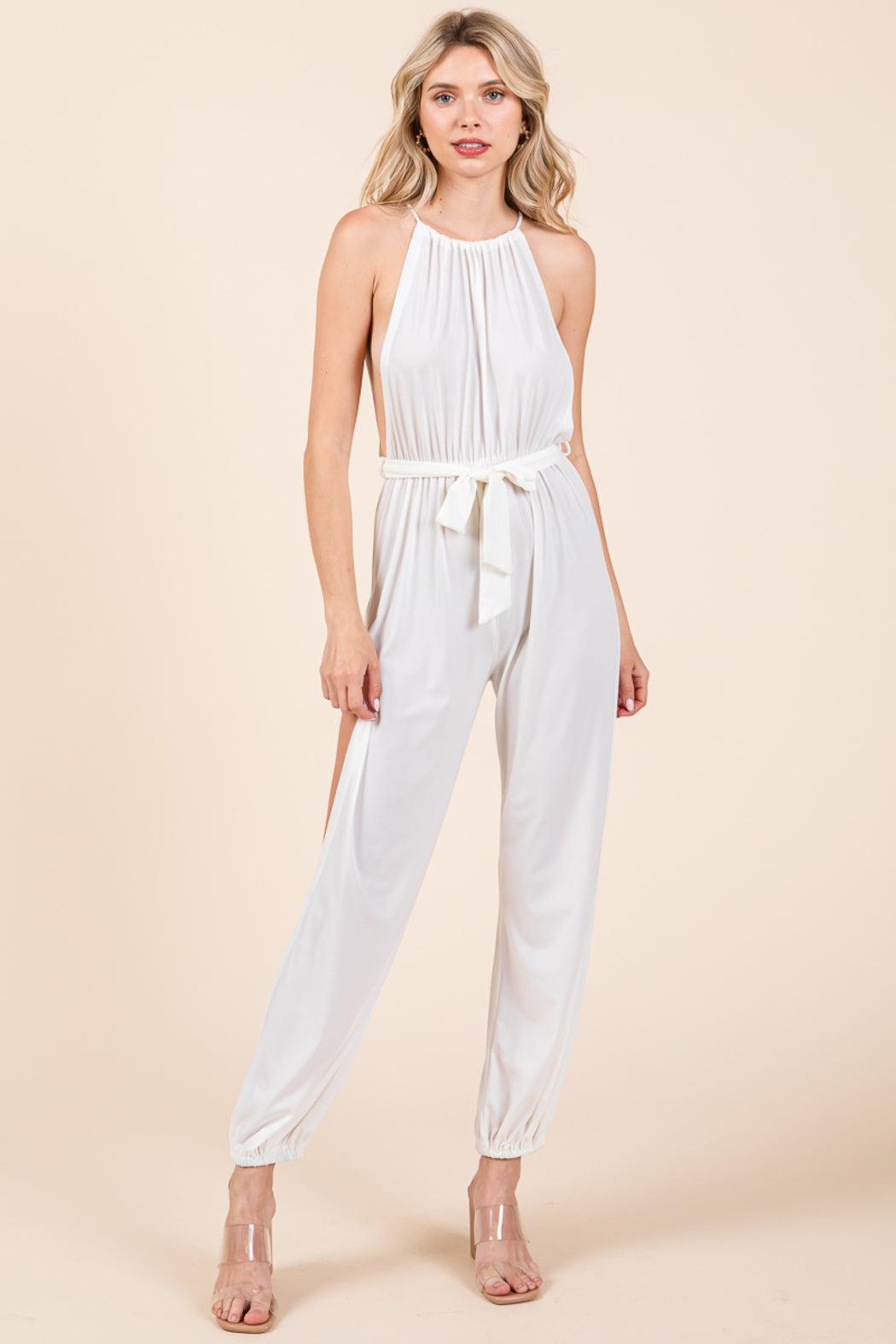Halter Neck Shirred Belted Split Leg Jumpsuit Product Image