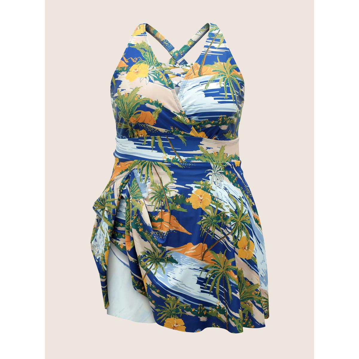 Plus Size Tropical Print Crisscross Cut Out Swim Dress Women's Swimwear Multicolor Beach Bodycon V-neck High stretch Curve Swim Dresses BloomChic 18-20/2X Product Image