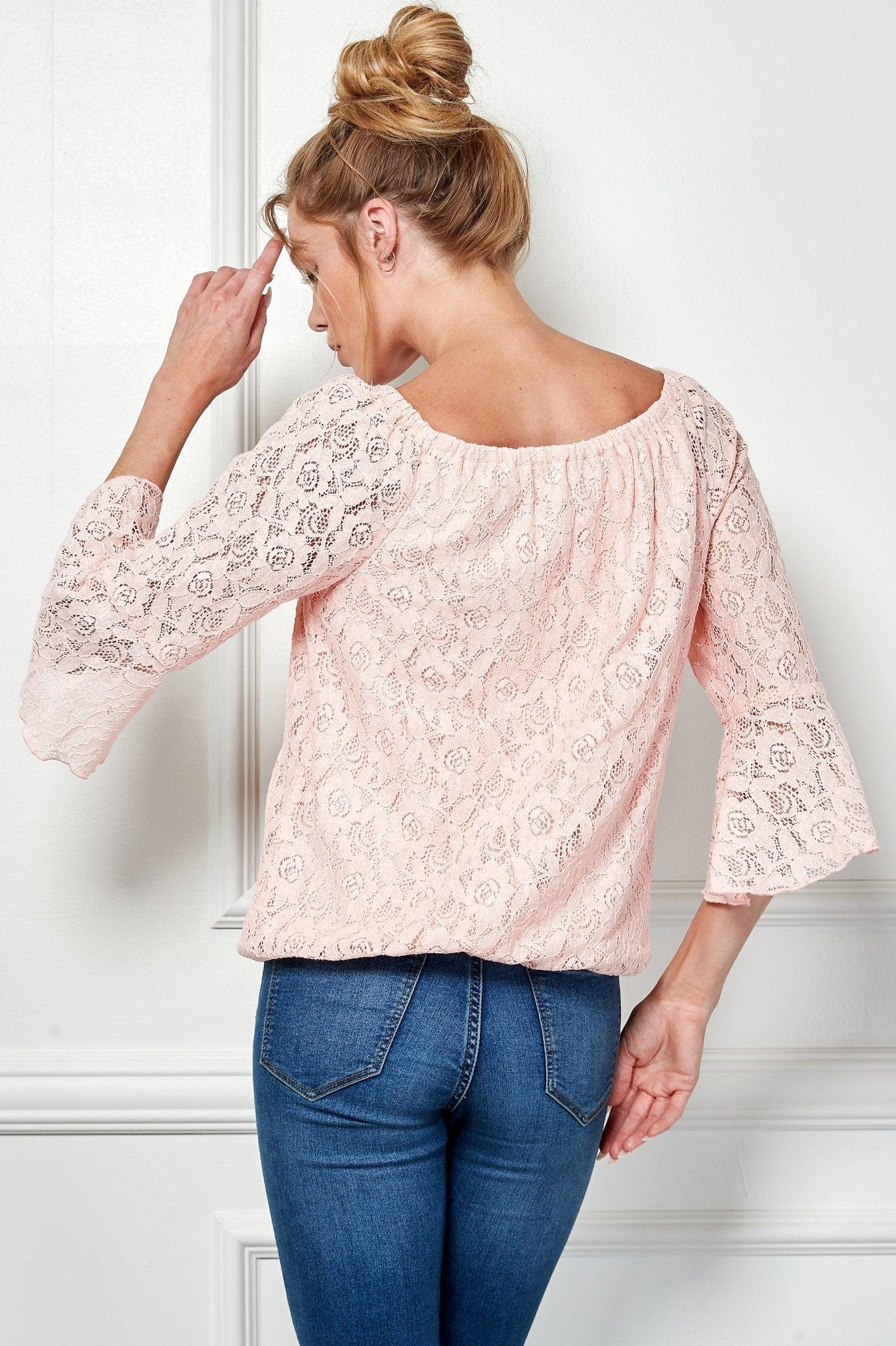 Sara Michelle Rosy 3/4 Ruffle Sleeve Scoop Neck Lined Bubble Lace Blouse Product Image