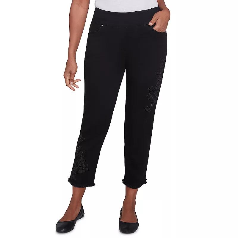 Petite Alfred Dunner Embroidered Floral Denim Fringe Ankle Pants, Womens Product Image